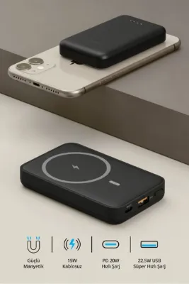 Piranha 9010‑S 5000 mAh MagSafe Powerbank | Kablosuz & Kablolu 15W/20W/22.5W Hızlı Şarj | Manyetik W