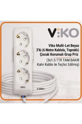 VİKO Multi-Let 3'lü Topraklı Priz 6 Metre 3x1.5 TTR Gerçek Bakır Kablolu Beyaz Grup Priz