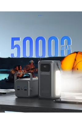 MATECHNO 50.000 mAh Hızlı Şarj Kamp Işıklı 4x USB 1xType-C 1xMicro Çıkışlı Çoklu Kablolu Led Panel Powerbank