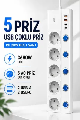 RAYLAZ 5 Priz USB Çoklu Priz PD 20W Hızlı Şarj 2 USB-A 2 USB-C 3680W 16A Anahtarlı Akım Korumalı Priz