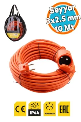 NZB Seyyar Uzatma Kablosu 10 METRE 3x2.5 mm Kapaklı Monofaze Ev Tipi Topraklı CCA Kablolu Grup Fiş Priz