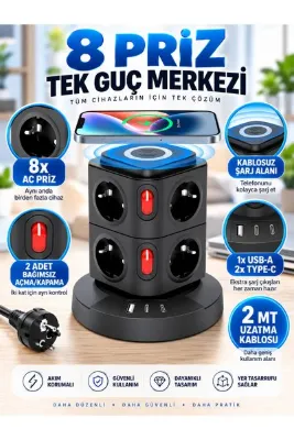 asua Akım Korumalı Priz Kablosuz Şarj İstasyonu 8xSoket 1xUSB 2xType-C 2 MT Kablolu Grup Priz Çoğaltıcı
