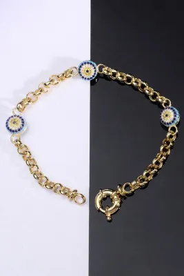 innuendo jewelery 925 Ayar Gümüş Altın Kaplama Taşlı Göz Nazar Kalın Bileklik