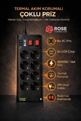 ROSE TEKNOLOJİ TERMAL AKIM KORUMALI 8 PRİZ 3 USB GİRİŞLİ 4000W/16A 2 METRE UZATMA KABLOLU PRİZ