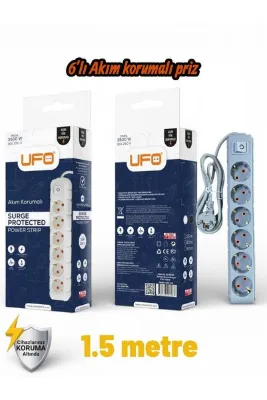 UFO Akım Korumalı 1.5 mt Kablolu Grup Priz Max 3500W 16 Amper Aşırı Yük Koruması 6lı Çoklu Priz Gri