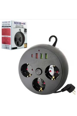 REWEL Wınnboss WN-3395 3lü Akım Korumalı Priz Makaralı Anahtarlı 16A 4000 Watt 3xusb 1xtype-C 323083