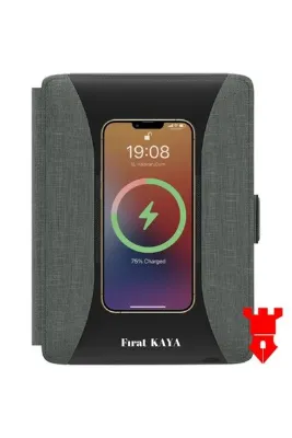 KALE PROMOSYON Kişiye Özel İsim Baskılı Powerbank Organizer Defter Şarj Cihazı Defter 13x21 Kablosuz Şarj Cihazı