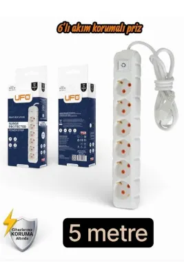 UFO Akım Korumalı 5 mt Kablolu Grup Priz Max 3500W 16 Amper Aşırı Yük Koruması 6lı Çoklu Priz Beyaz
