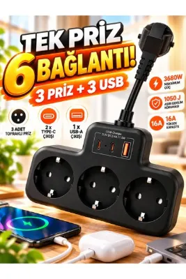 asua Çoklu Kablolu Priz Yüksek Gerilim Korumalı 3'LÜ Priz 1X USB 2X Type-C Çıkışlı Grup Priz Çoğaltıcı