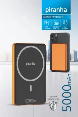 Piranha 9045-O MagSafe Powerbank 5000 mAh | 20W Hızlı Şarj 15W Kablosuz Şarj | Güçlü Manyetik | Metal Gövde