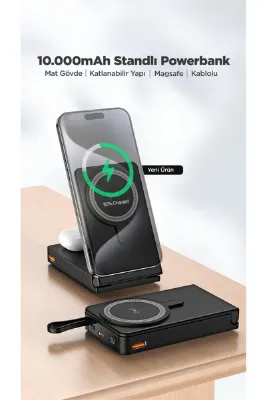 Cepsuar MagSafe Hızlı Şarj Özellikli Powerbank 15W 3in1 Kablosuz Standlı Şarj Cihazı
