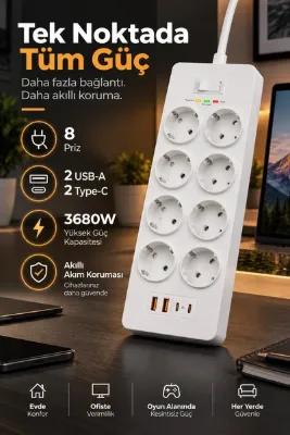 ROBEVE Fulltech 3680W 8’li Akım Korumalı Uzatma Prizi - 2 USB-A 2 Type-C, 2 Metre Kablo, Akıllı Koruma Sistemli Çoklu Priz Çoğaltıcı Grup Priz 8'li Priz 8'li Fiş Grup Fiş