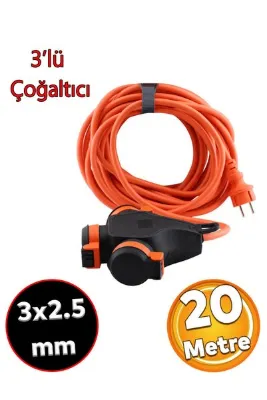Badem10 Monofaze Çoğaltıcı 20 Metre CCA Kablo Uzatma Kablosu 3x2.5 mm Seyyar Topraklı 3'lü Grup Priz Fiş