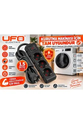 UFO 1.5 Metre Kurutma Makinesi Uzatma Kablosu 3x2,5 mm² Bakır Kablo 16A Topraklı Priz 3 lü akım korumalı anahtarlı grup priz (siyah) 1.sınıf kaliteli
