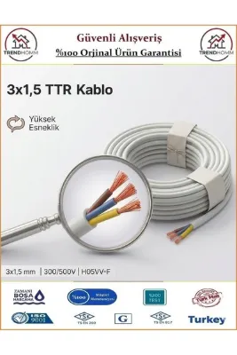 Trendhomm 3x1,5 TTR Elektrik Kablosu - Uzatma Ara Kablo - 2 Metre