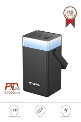 Torima Taşınabilir Batarya 60000 Mah Type-C Lightning Hızlı Şarj Rgb Işıklı 22,5W Powerbank TRM-1061 Siyah