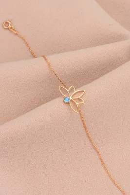 Bilsen Store 925 Ayar Gümüş Zincirli Rose Kaplama Akuamarin Taşlı Lotus Çiçeği Bileklik