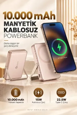 Merwish 10.000 mAh Manyetik Kablosuz Powerbank 15W, 22.5W Type-C Hızlı Şarj, Katlanabilir Metal Standlı Taşınabilir Şarj Cihazı