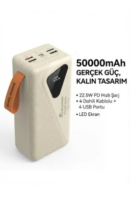 ataşbey Gk-Y434 50.000 mAh 22.5W PD Hızlı Şarj 4 Port Usb ve Kendinden Kablolu Şarj Göstergeli Led Işıklı Taşınabilir Kamp Lambalı Powerbank