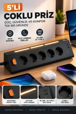 MATECHNO 5'Lİ Gece Lambalı Priz Akım Gerilim Korumalı Çoklu Priz 2XUSB 2XType-C Çıkışlı Uzatma Priz Çoğaltıcı