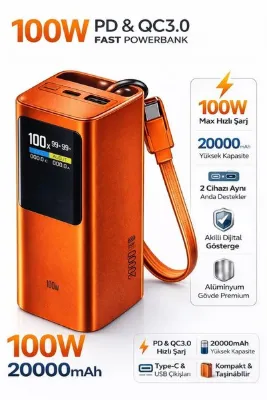 ROXİVA 100W Ultra Hızlı Powerbank 20.000mAh USB-A Type-C Çıkışlı Telefon Tablet Notebook Alüminyum Taşınabilir Hızlı Şarj Cihazı