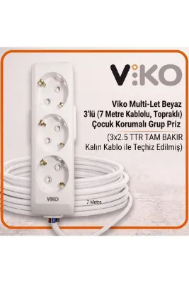 VİKO Multi-Let Beyaz 3'lü 7 Metre Topraklı Çocuk Korumalı Grup Priz (3x2.5 TTR Tam Bakır Kalın Kablo)