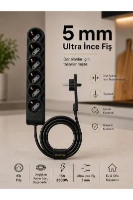 ORVİ prime 6’lı Topraklı Priz Uzatma Kablosu 1,5 m Siyah Ultra İnce Fişli Çocuk Korumalı 3500W