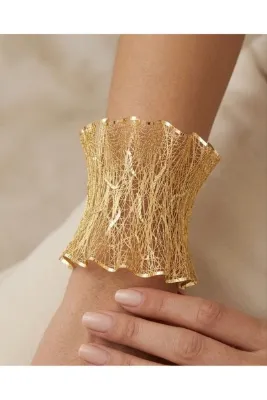 NYR Gold Silver 925 Ayar Gümüş Tül Bilezik Gelin Kına 22 Ayar Altın Kaplama Desenli