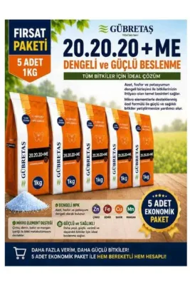 GÜBRETAŞ 5 Adet 20.20.20+Me 1kg Avantajlı Paket - (Klorsuz Yaprak ve Damlama Gübresi)