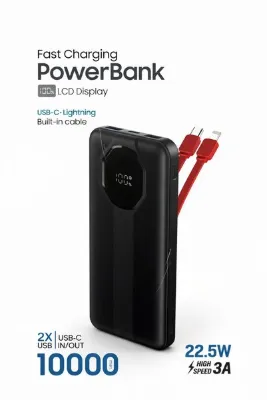 TUROVE 10000 mah 22.5 PD HIZLI ŞARJ KENDİNDEN KABLOLU GÖSTERGELİ POWERBANK