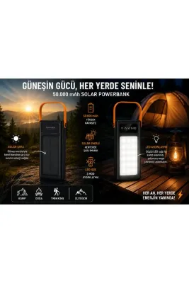 Zoli 50.000 mAh Solar Powerbank LED Fenerli Taşınabilir 22,5w Hızlı Şarj Cihazı,Dahili Kablo