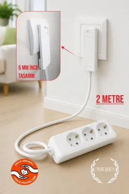 Aryes 3’lü 2 Metre Topraklı Uzatma Prizi 3x1,5 mm² TTR Bakır Kablolu Ultra İnce Fişli