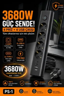 Kılıforyum PS-1 4'lü Akım Korumalı Priz 3680W 2 USB + 2 Type-C Çıkışlı Topraklamalı Çoklu Priz