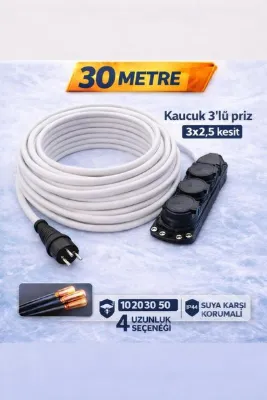 paşalıhome Kauçuk 3'lü Priz Seyyar Uzatma Kablosu | 3x2,5 mm Kesit | IP44 Suya Karşı Korumalı Kapaklı