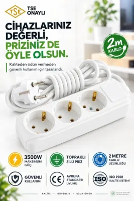 bydiz 3'lü Priz 2 Metre Topraklı Uzatma Kablosu 3500W Grup Priz Kablolu Priz CE TSE ISO Güvenli Ürün