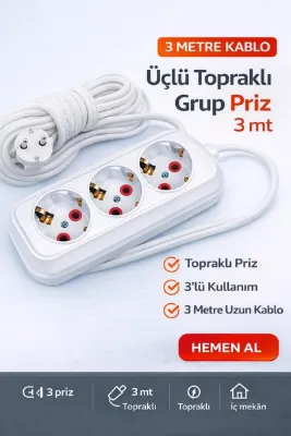Tunç Üçlü Topraklı Grup Priz 3 Metre Kablolu – Güvenli ve Dayanıklı
