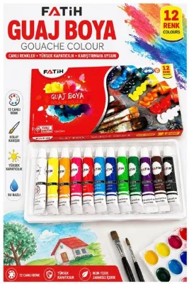 Artlantis Guaj Boya 12 Renk 12 ml 1 Paket Fatih Guaj Boya 12 li Canlı Renkler Ahşap Tuval Taş Ağaç Resim Dersi