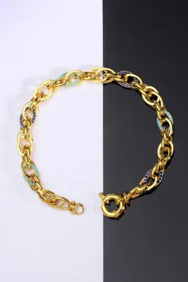 innuendo jewelery 925 Ayar Gümüş Mavi Taşlı Hallow Bileklik 22 Ayar Altın Kaplama