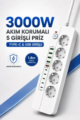 Seyoni PRO P13 3000W Akım Korumalı 5 Girişli Type-c ve USB Girişli Uzatmalı Grup Priz 1,8metre kablo uzunlu