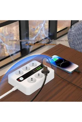 MATECHNO 6'LI Grup Priz 4XUSB 2XType-C Çıkışlı Isıya Dayanıklı Power Tuşlu 2 MT Kablolu Priz Çoğaltıcı