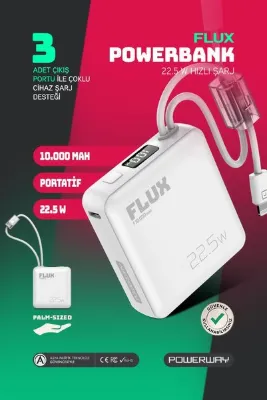 POWERWAY 10.000 Mah PD 22.5W Hızlı Şarj Gerçek 10.000 mAh Garantili Flux Beyaz Powerbank