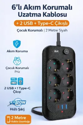 Yellowtech 6’lı Akım Korumalı Uzatma Kablosu | 3 USB + Type-C Girişli | Çocuk Korumalı | 2 Metre Siyah