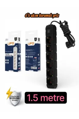 UFO Akım Korumalı 1.5 mt Kablolu Grup Priz Max 3500W 16 Amper Aşırı Yük Koruması 6lı Çoklu Priz Siyah