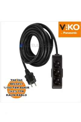 VİKO Multi-let | Üçlü 7 Metre Topraklı Ç. K. Grup Priz - 3'lü 7 M Siyah 3x2.5 Ttr Kalın Kablolu