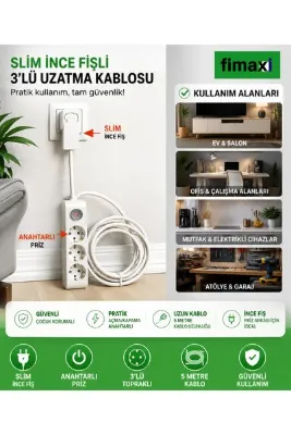 fimaxi 2 Metre Uzatma Kablosu 3’lü Anahtarlı Priz İnce Fişli – Dar Alanlara Uygun Beyaz Uzatma Prizi