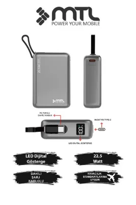 MTL 20000 mAh 22.5W Süper Hızlı Şarj Dahili Kablolu LED Göstergeli PD ve QC 3.0 Powerbank MT4550
