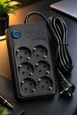 MEGAMUS 3421 6’lı Akım Korumalı Çoklu Priz – 2 Type-C + 2 USB | 4000W 16A | 4000J | 2 Metre Bakır Kablo