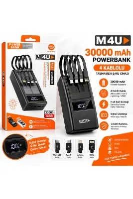 30000 mAH M4U POWERBANK GÜNEŞ ENERJİLİ 4 KABLOLU HIZLI ŞARJ
