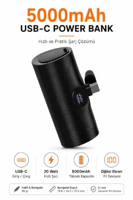 Ayers 5000 mAh USB-C Power Bank, 20 W Hızlı Şarj, Dijital Pil Göstergeli Kompakt Taşınabilir Şarj Cihazı