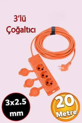 Badem10 Monofaze CCA Uzatma Kablosu 3x2.5 mm Çoğaltıcı Seyyar Topraklı Kapaklı 3'lü Grup Priz Fiş 20 Metre